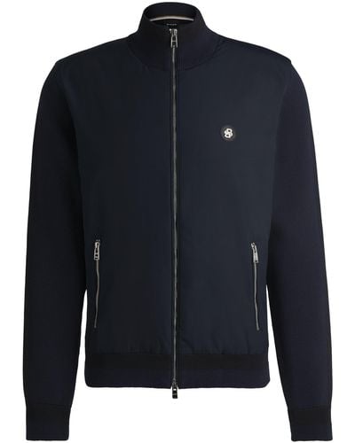 BOSS Mixed-material Zip-up Jacket With Double-monogram Badge - Blue