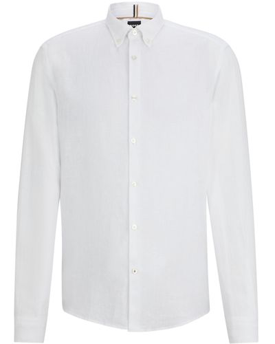 BOSS Regular-Fit Hemd aus Leinen mit Button-Down-Kragen - Weiß