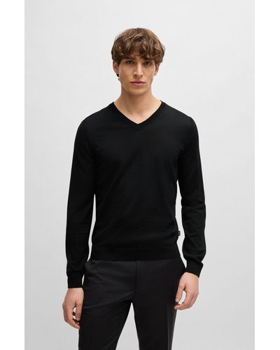 BOSS Slim-fit V-neck Sweater In Virgin Wool - Black