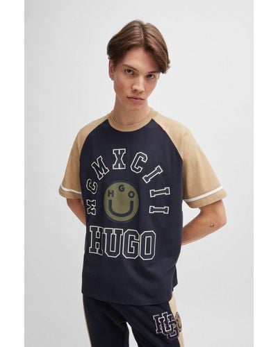 HUGO Cotton-jersey Loose-fit T-shirt With Seasonal Artwork - Blue