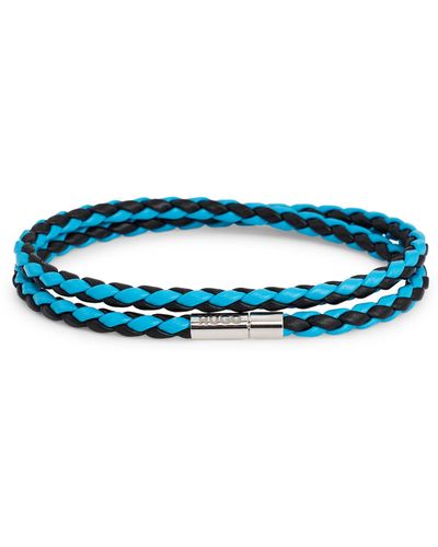 HUGO Bracelet double tour bicolore en cuir italien tressé - Bleu