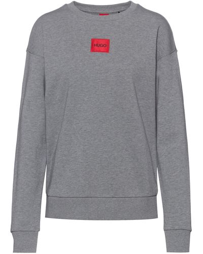 HUGO Regular-Fit Sweatshirt aus Baumwolle mit rotem Logo-Etikett - Grau