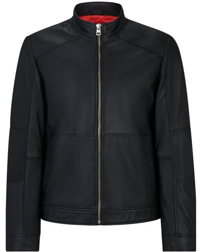 HUGO Extra-slim-fit Leather Jacket With Red Lining - Zwart