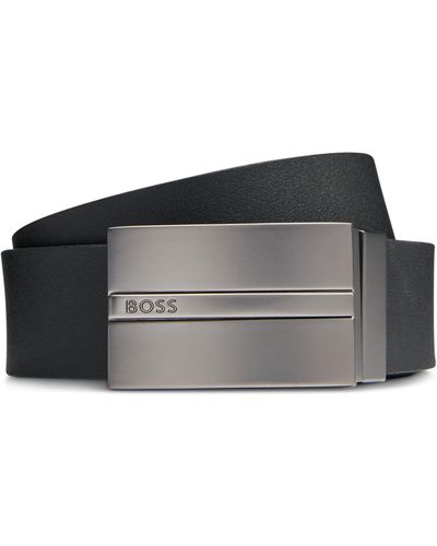 BOSS Reversible Italian-leather Belt With Plaque And Pin Buckles - Black