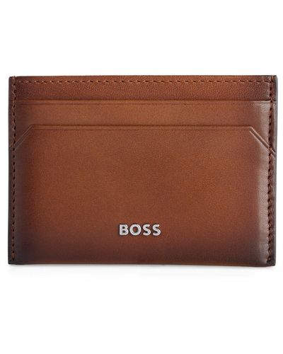 BOSS Leather Card Holder With Logo Lettering - Brown