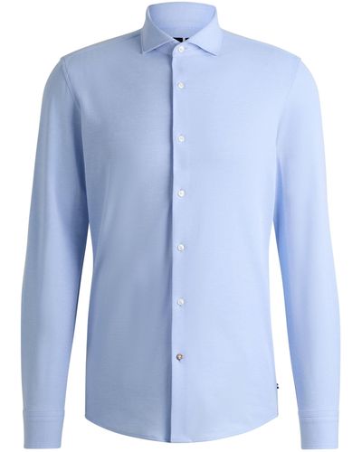 BOSS Slim-fit Jersey Overhemd Van Katoenpiqué - Blauw