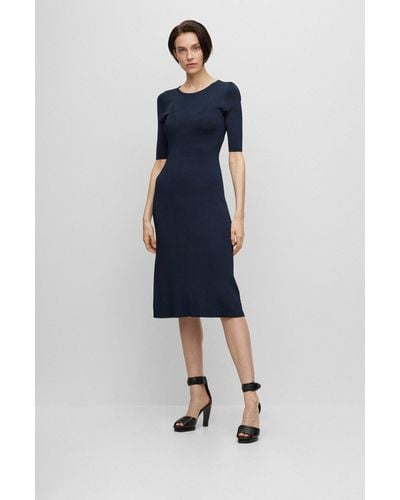 BOSS Cropped-sleeve Dress With Knitted Structure - Blue
