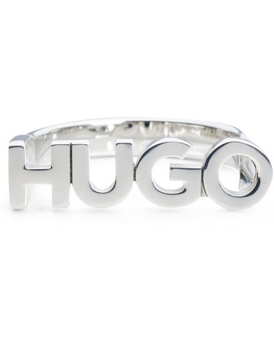 HUGO Bague en acier inoxydable poli avec lettres logo - Métallisé