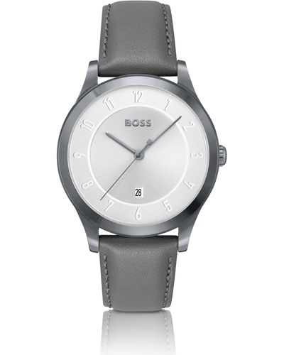 BOSS Grey-plated Watch With Leather Strap