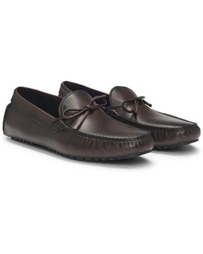 BOSS Leather Moccasins With Driver Sole And Logo - Brown