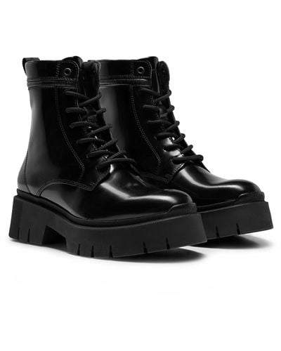 HUGO Lace-up Leather Boots With Branded Collar Trim - Black
