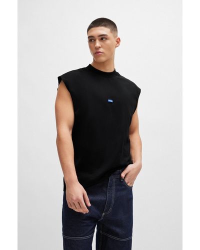 HUGO Camiseta sin mangas en punto de algodón con etiqueta con logo azul - Negro