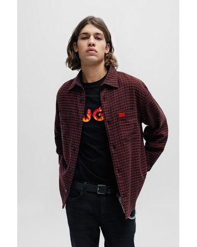 HUGO Oversize-fit Shirt In Checked Cotton Flannel - Pink