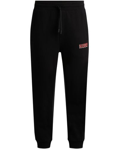 HUGO Cotton-terry Tracksuit Bottoms With Logo Print - Black