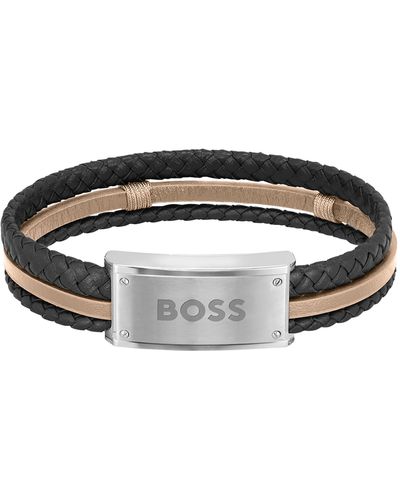 BOSS Bracelet en cuir noir et camel avec plaquette logo - Multicolore