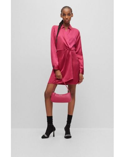 HUGO Long-sleeved Dress In Satin With Wrap Front - Red