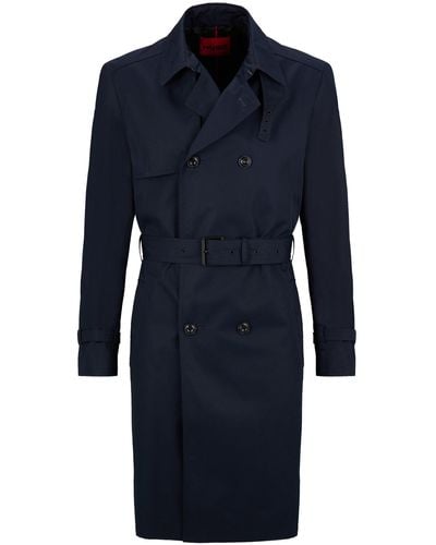 HUGO Double-breasted Trench Coat In Water-repellent Fabric - Blue