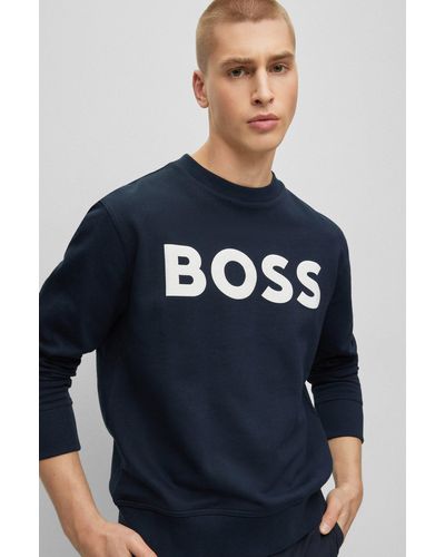 BOSS Relaxed-fit Cotton-terry Sweatshirt With Rubber-print Logo - Blue