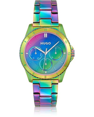 HUGO Uhr aus regenbogenfarbenem Edelstahl mit Gliederarmband - Blau