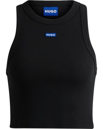 HUGO Crop-Tanktop aus Stretch-Baumwolle mit blauem Logo-Label - Schwarz