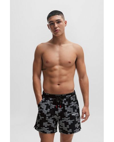 HUGO Fully Lined Swim Shorts With All-over Logos - Black