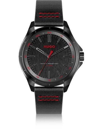 HUGO Black-dial Watch With Leather Strap And Logo Details