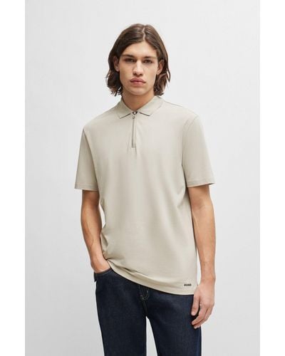 HUGO Cotton-blend Polo Shirt With Zip Placket - Natural