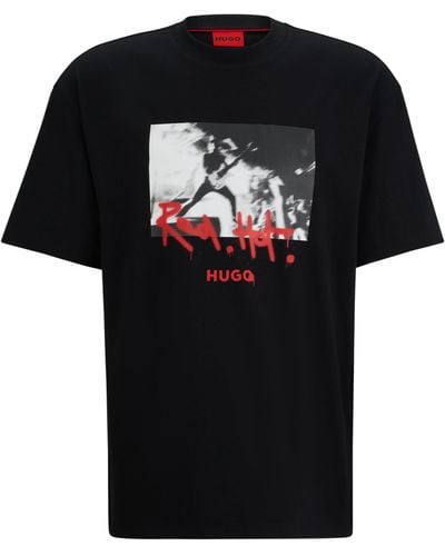 HUGO T-shirt Van Katoenen Jersey Met Artwork Met Gesprayde Tekst - Zwart