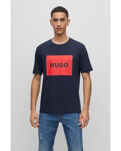 HUGO Cotton-jersey Regular-fit T-shirt With Logo Print - Blue