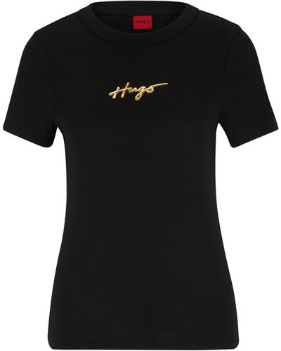 HUGO T-shirt Van Katoenen Jersey Met Handgeschreven Logo In Metallic-look - Zwart