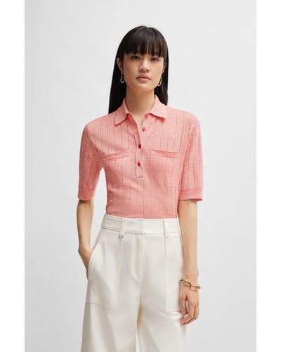 BOSS Linen-blend Jumper With Polo Collar - Pink