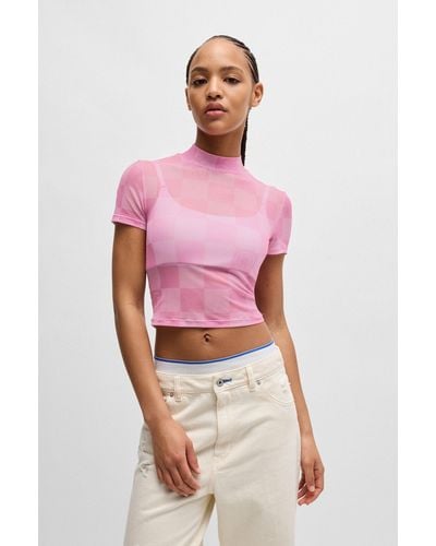 HUGO Cropped Top In Printed Stretch Mesh - Pink