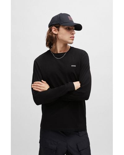 HUGO T-shirt à manches longues en jersey de coton à logo imprimé - Noir