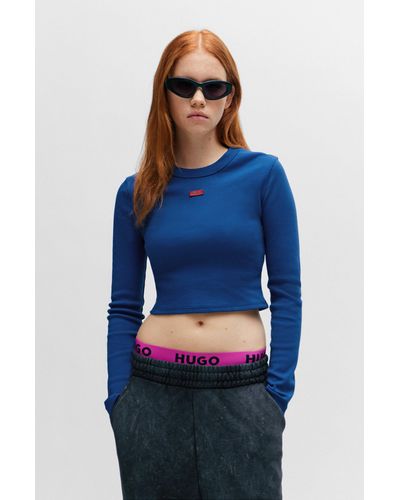 HUGO T-shirt Slim Fit court à manches longues et étiquette logo - Bleu