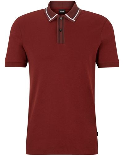 BOSS Slim-Fit Poloshirt aus merzerisierter Baumwolle mit kontrastfarbenen Streifen - Rot
