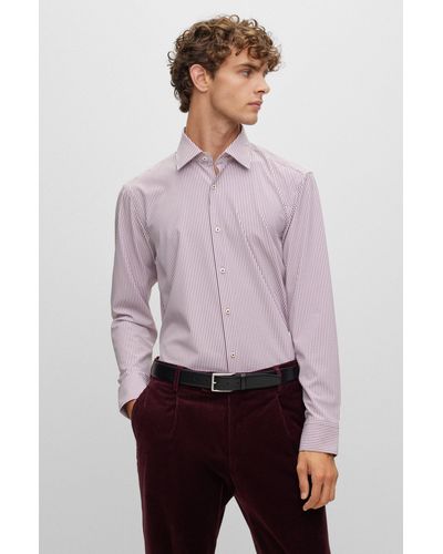 BOSS Regular-fit Shirt In Striped Material With Kent Collar - Purple