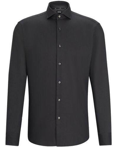 BOSS Regular-Fit Hemd aus elastischem Baumwoll-Twill mit bügelleichtem Finish - Schwarz