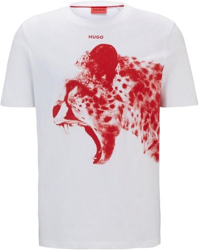 HUGO T-shirt Regular en jersey de coton avec motif animalier graphique - Blanc