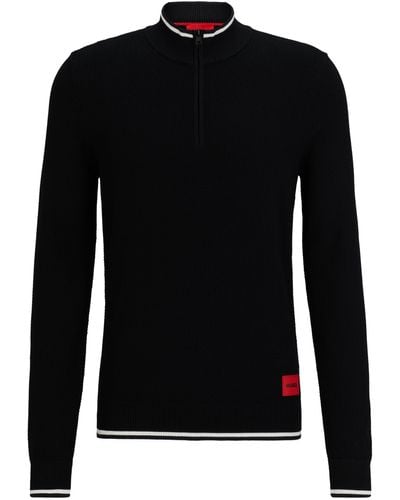 HUGO Pullover mit Troyerkragen und rotem Logo-Label - Schwarz