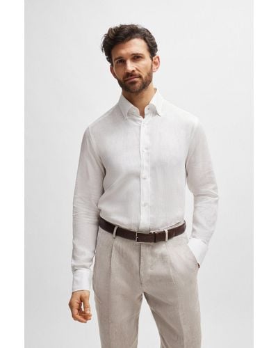 BOSS Long-length Regular-fit Button-down Shirt In Linen - White