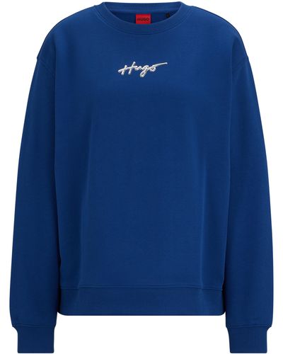 HUGO Relaxed-fit Sweater Met Handgeschreven Logo In Metallic-look - Blauw