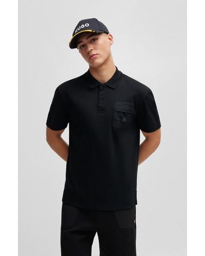 HUGO Interlock-cotton Polo Shirt With Stacked-logo Trim - Black