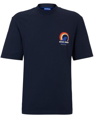 HUGO T-Shirt aus Baumwoll-Jersey mit Artwork im Surfer-Stil - Blau
