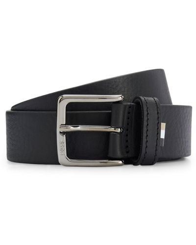 BOSS Grained Italian-leather Belt With Signature-stripe Trim - Black