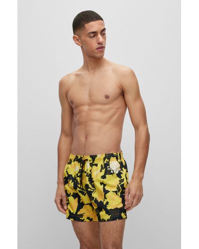 HUGO Quick-dry Printed Swim Shorts In Recycled Fabric - Yellow