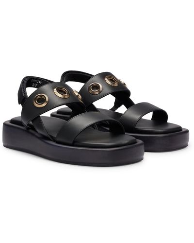 BOSS Leather Sandals With Eyelet Details - Black