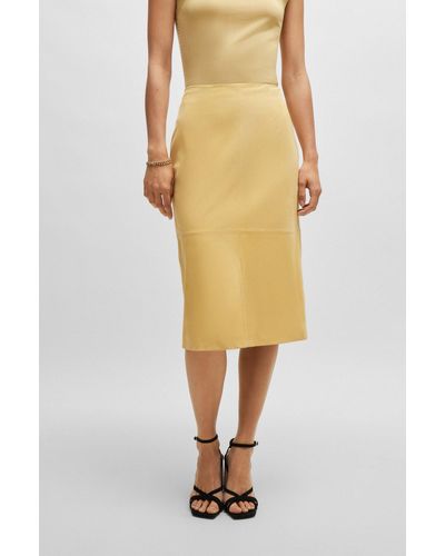 BOSS Pencil Skirt In Nubuck Leather With Front Slit - Yellow