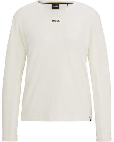BOSS Pyjama-Top aus Stretch-Baumwolle mit langen Ärmeln und Logo-Print - Weiß