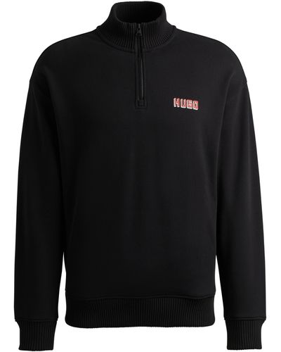 HUGO Logo-print Zip-neck Sweatshirt In Cotton Terry - Black