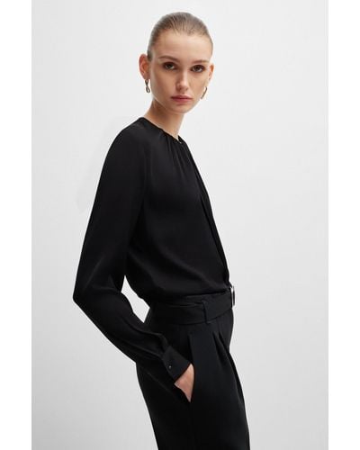 BOSS Ruched-neck Blouse In Stretch-silk Crepe De Chine - Black